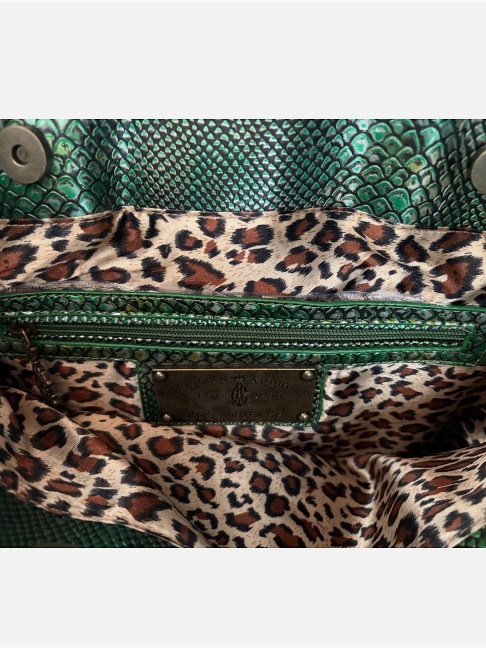 RARE Christian Audigier Emerald Metallic Snakeskin Tote Bag Rhinestone Y2K - Picture 4 of 8